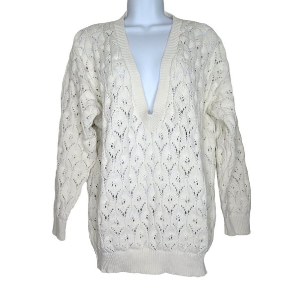 Vintage 80s Harot Pullover Cotton Sweater L White Open Knit V Neck Made in USA - Picture 1 of 10